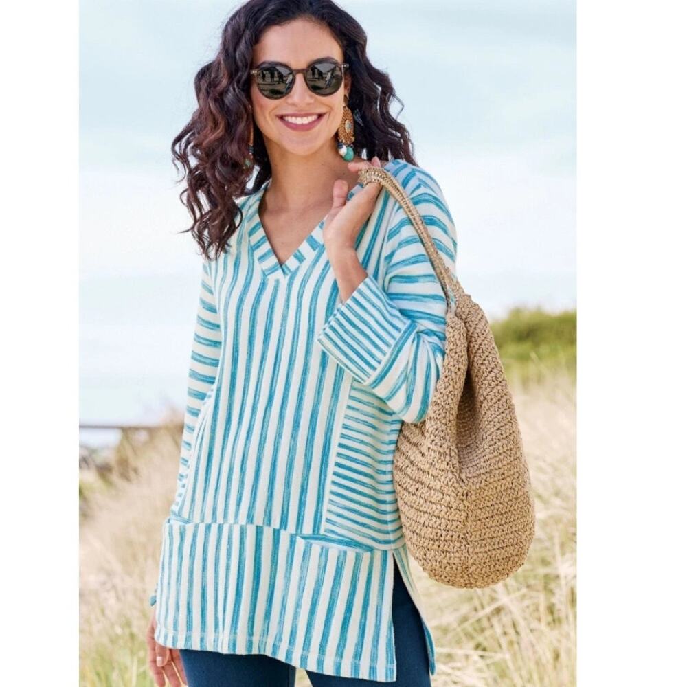 Soft Surroundings Briza Stripe Tunic Womens XL Aqua White V-Neck Beachy Top